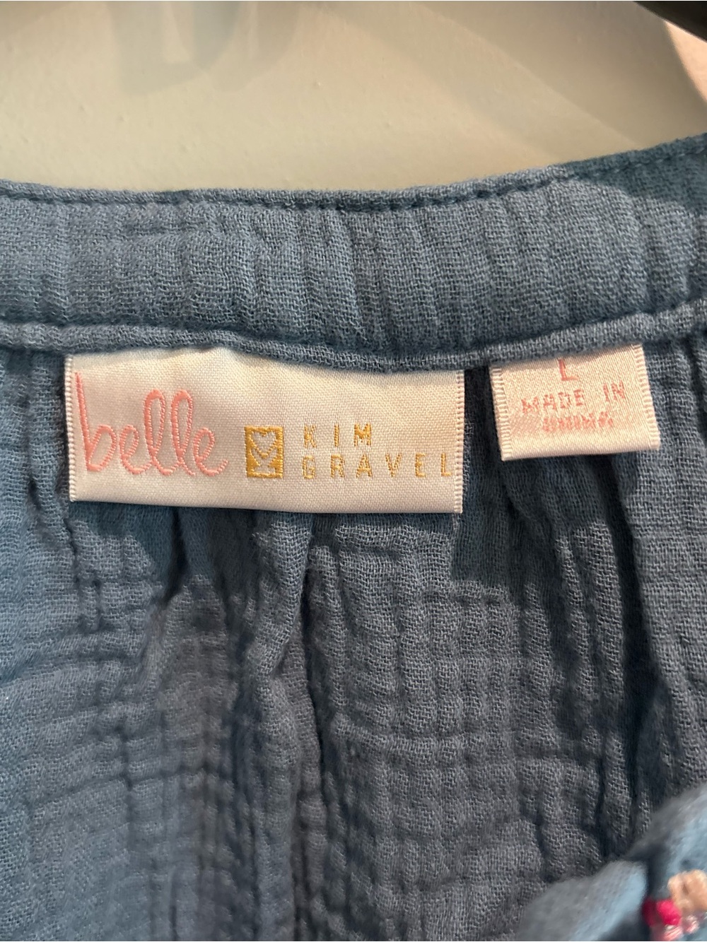 Belle by Kim Gravel Embroidered Gauze Peasant Blouse Blue Large Boho NWT - Picture 4 of 8